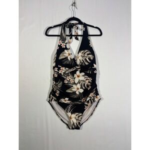 Tropical Floral Island Waves One Piece Swimsuit Womens XL Black